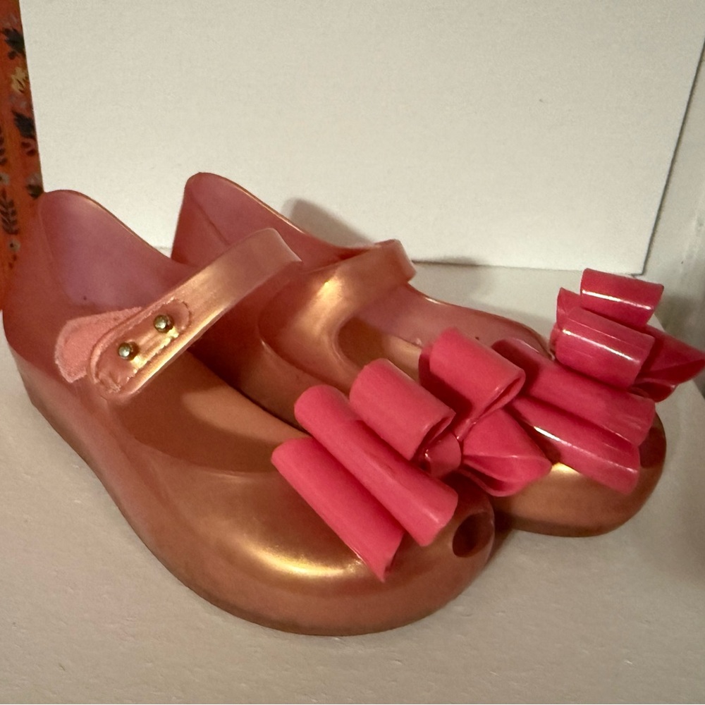 Mini Melissa Rose Gold and Pink Bow Mary Jane Shoes